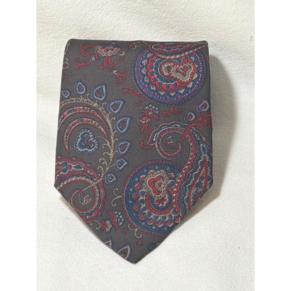 Hanover St Tie Works Ltd Mens Paisley Silk Tie Grey Red Blue Made in USA Vintage